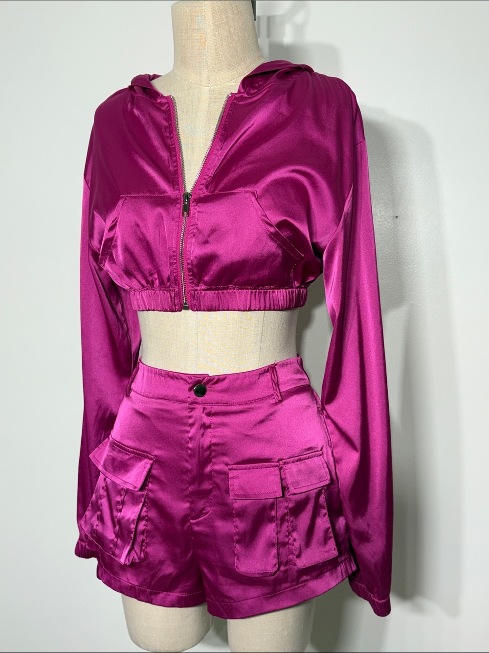 * Hot & Delicious Magenta Satin Cargo Shorts Set